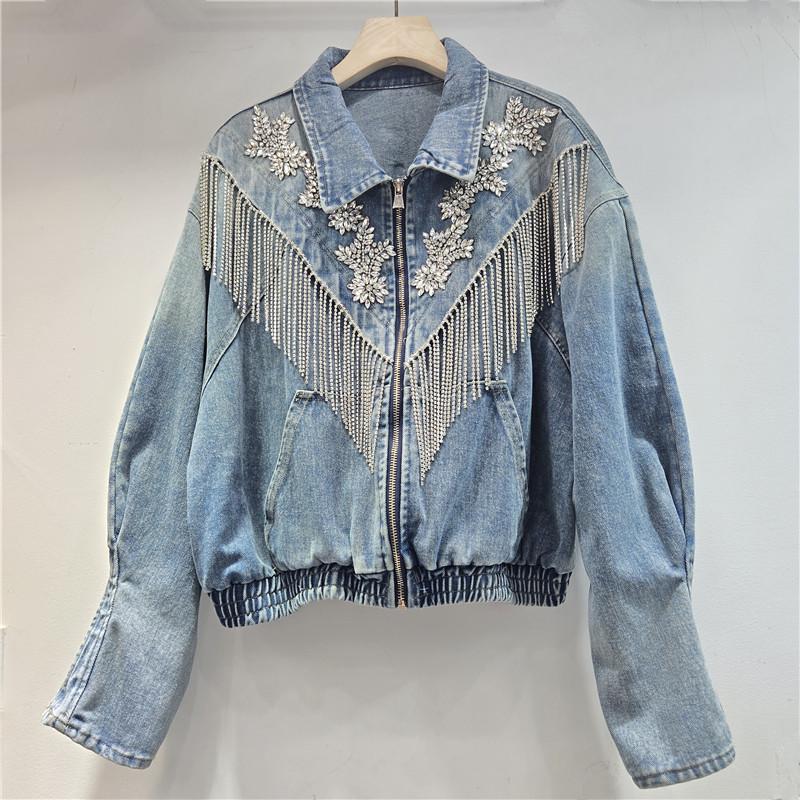 

Women s Niche Tassel Denim Jacket with Rhinestones - Spring/Autumn Loose Fit (2026) One Size
