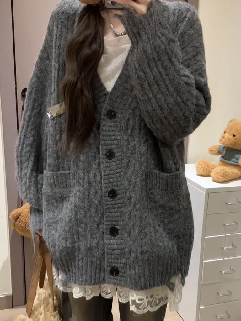 Dámský šedý retro volný pletený kardigan - Podzimní styl