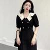 Large Size Women's Clothing Fat Mm Hepburn Style Splicing Doll Collar Waist Dress Women's Summer Temperament Is Thin and Covers Meat Long Skirt