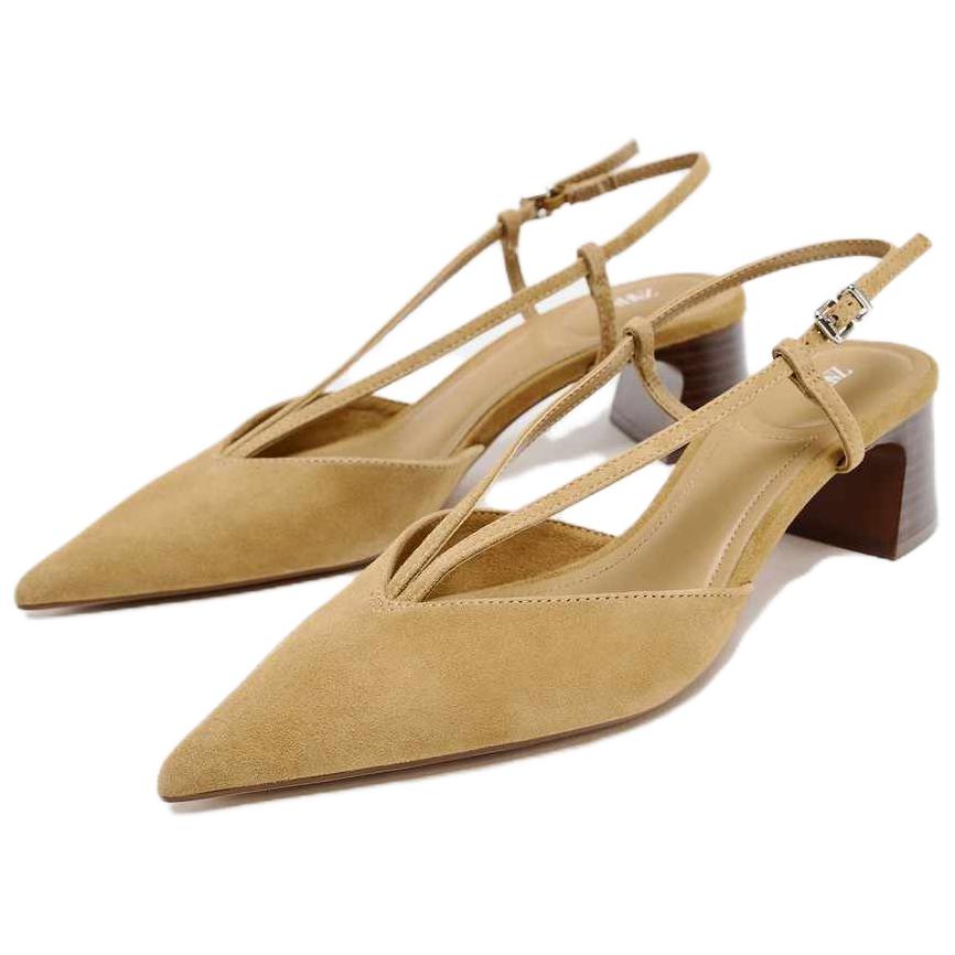 Zara Sheepskin Leather Elegant Pointed Toe Buckle Suede Belt Decor Chunky Heel Open Back High Heels Women High Heels Brown 12221510105-38