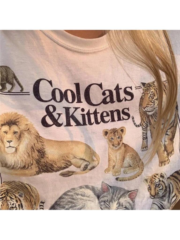 T-shirt Vintage Gatti e Gattini Cool Unisex Estetica Grunge T-shirt Felina Hippie Carina Divertente Maglietta per Amanti dei Gatti Top Donna