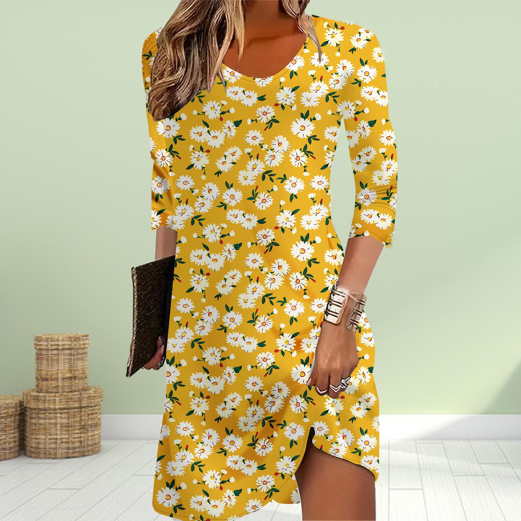 Женское повседневное платье с осенним принтом в виде желтых цветов Платья для женщин — фото 3