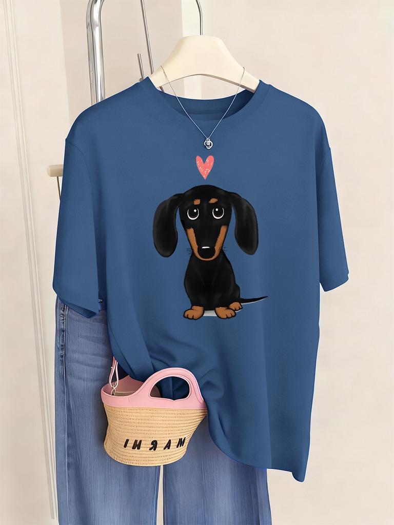 Dachshund With Heart Prints TShirt Womens Summer ONeck T Shirts Comfortable Loose Short Sleeve Tops Casual Soft Woman Clothes