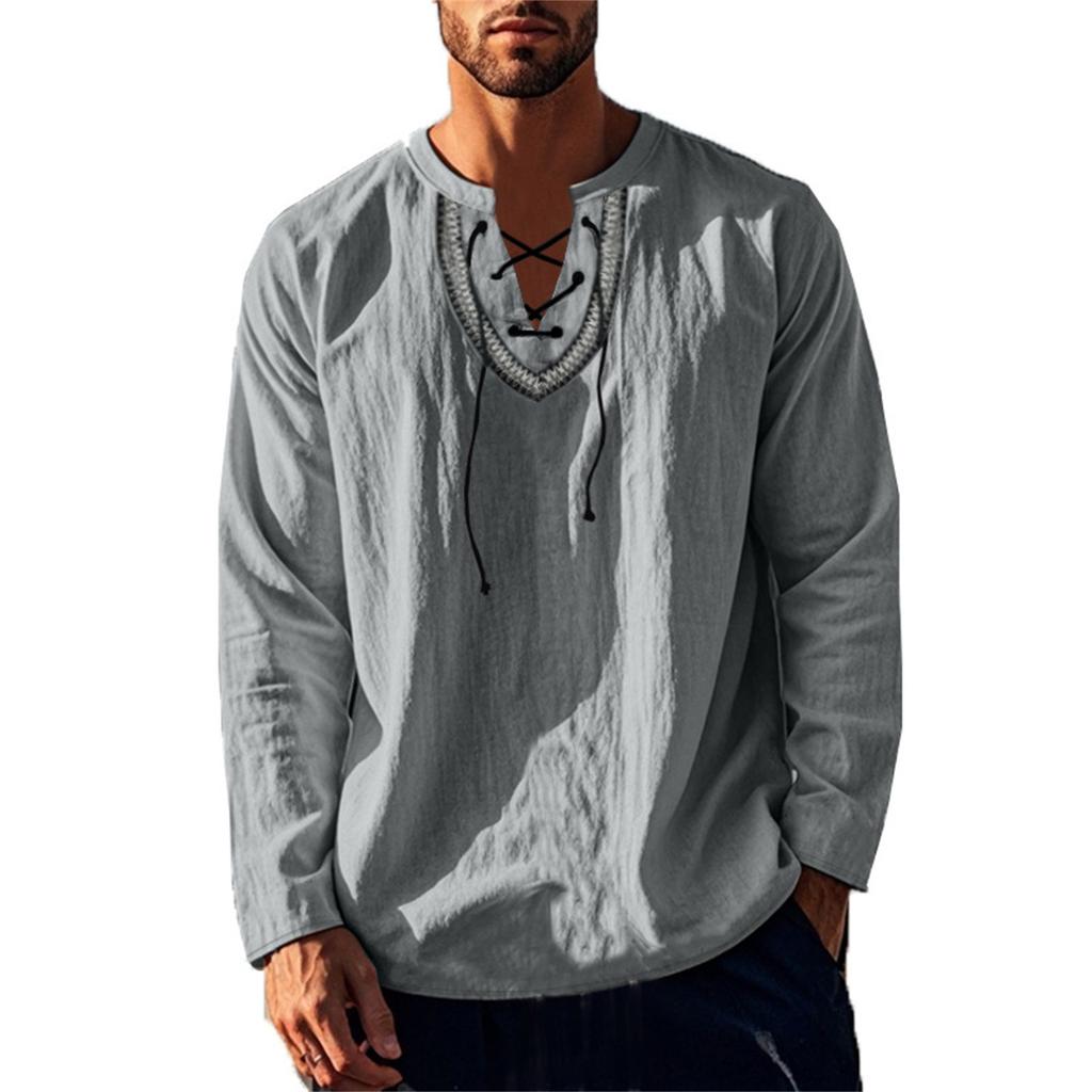 Top Camicia da Uomo Larga Casual in Cotone e Lino con Coulisse e Collo