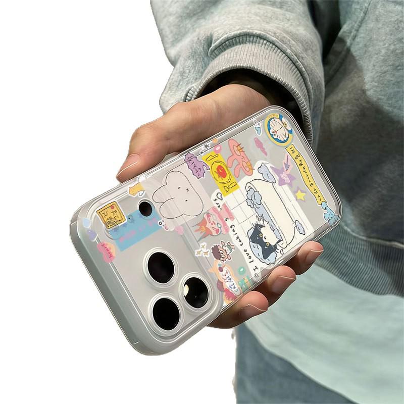 Transparent Phone Case with Integrated Buttons for Apple 16/17, Frosted Edges, Cartoon Design, Compatible with 13, 16Pro, and 17ProMax Models.