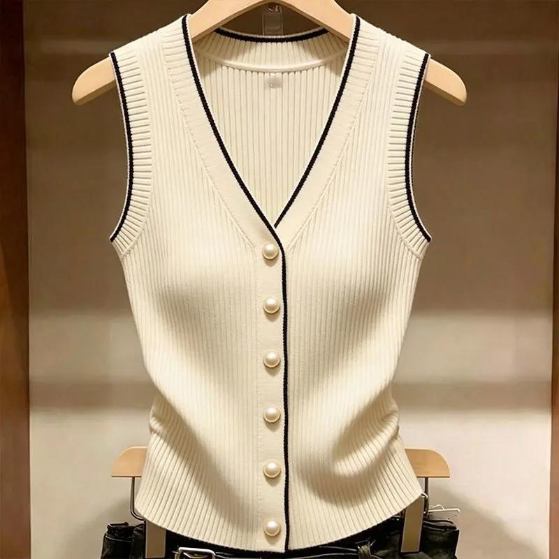Women s Off White Contrast Trim V Neck Pearl Button Knit Vest Waistcoat S бежевый