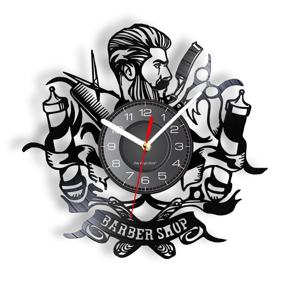 Barber Shop Sign Wall Clock Barbers Pole Vinyl Record Wall Clock Hair Salon Stylist Hair Tools Scissors Barber Shop Artwork Gift