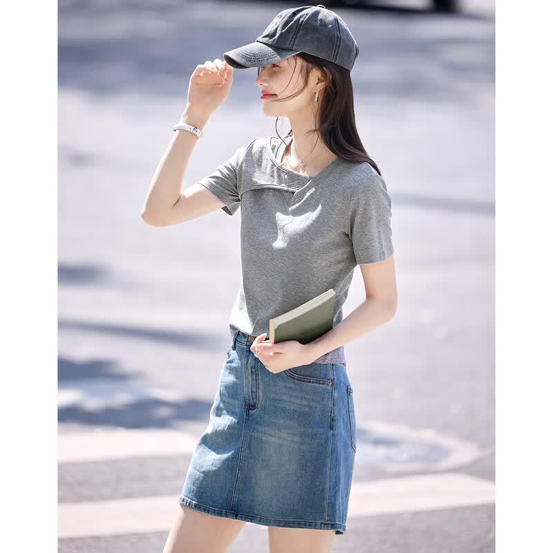 Shangjing Asymmetrical V-Neck Short Sleeve T-Shirt L