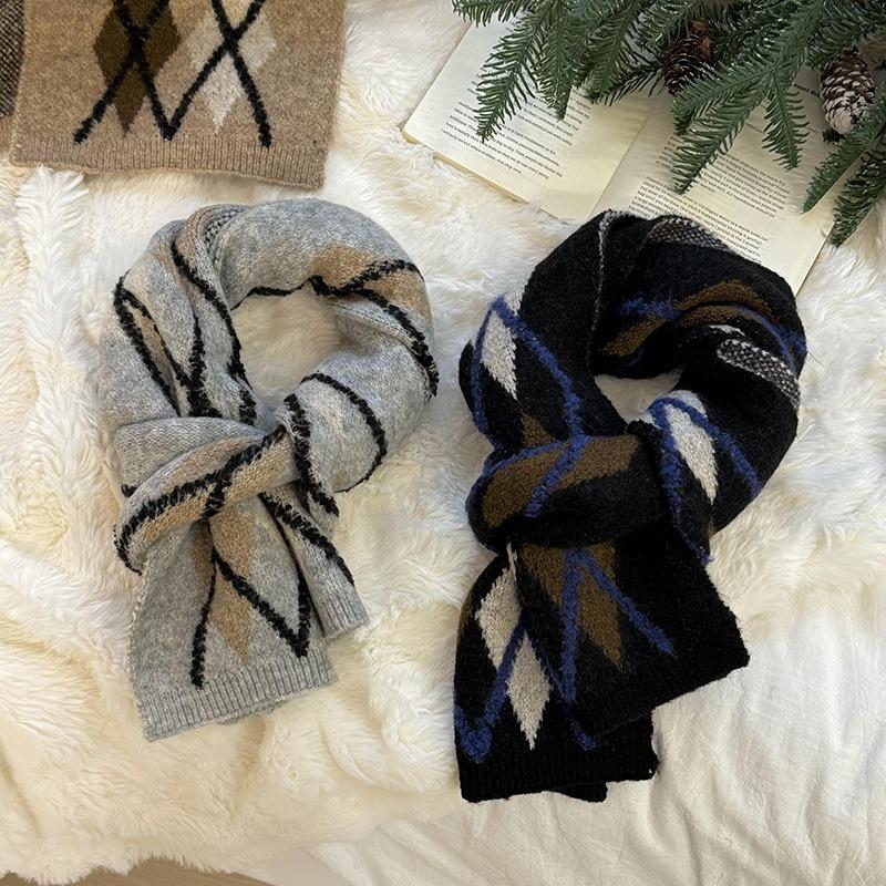 Christmas scarf autumn and winter versatile thickened warm retro rhombus plaid scarf scarf