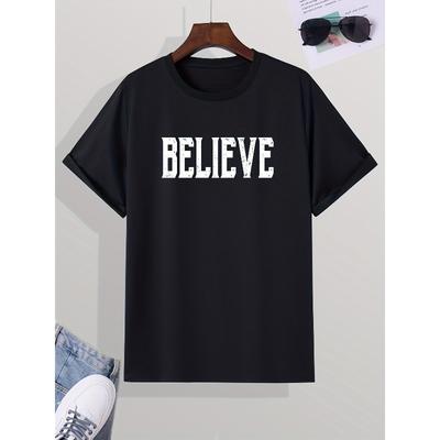 European Sizes Men's Casual "Believe" T-shirt, Trendy Round Neck Tee For Summer