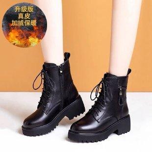 2026 new thick-soled thick-heeled Martin boots lace-up velvet non-slip British style short boots women's versatile soft leather cotton boots