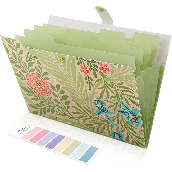 SKYDUE Expanding File Folder with 5 Pockets, Floral Accordion File Organizer for Important Document, Portable Receipt Paper Organizer, School Office