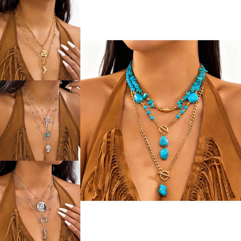 Retro Western Cow Hat Necklace Chain Pack With Turquoise And Alloy Accents For Women