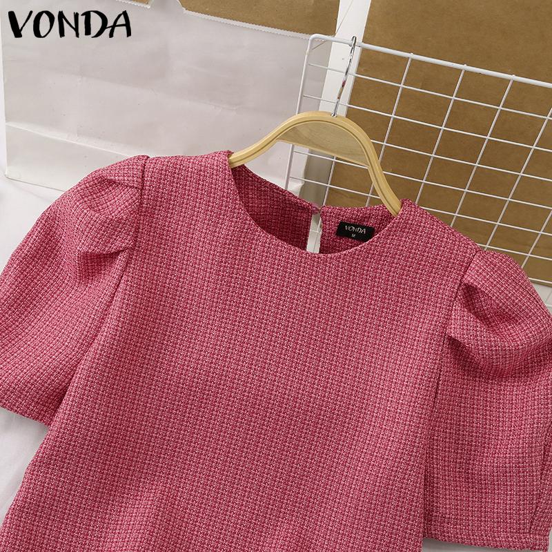 VONDA Women Summer Round Neck Puff Short Sleeve Blouses