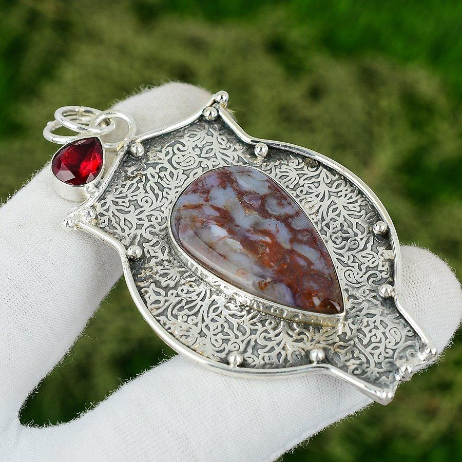 

925 Sterling Silver Natural Rainbow Jasper Mozambique Garnet New Pendant Jewelry