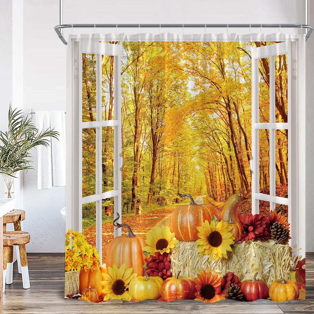 Autumn Pumpkin Shower Curtain Harvest Season Maple Leaf Scarecrow Flower Wooden Plank Barn Farmhouse Bath Decoration With Hook