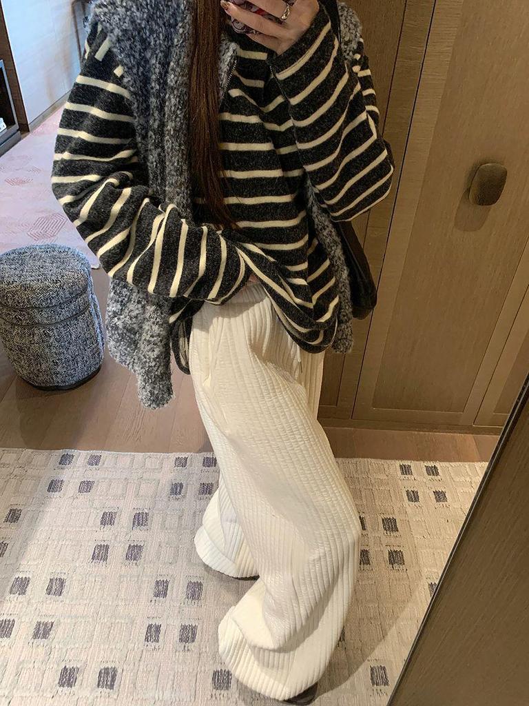 White Quilted Vertical Stripe Wide-Leg Drawstring Pants