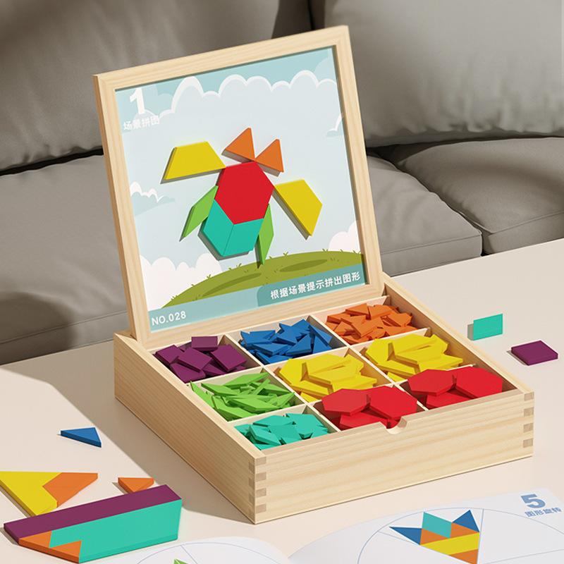 Magnetic Wooden Tangram Puzzle for Kids - Educational Geometric Building Blocks Toy