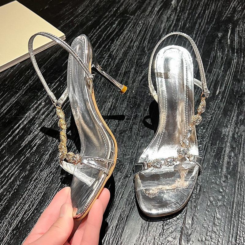 Módní sandály na vysokém podpatku s kamínkovým páskem, protiskluzové, odolné proti opotřebení, letní nové, čtvercová špička, otevřená špička, vysoké podpatky