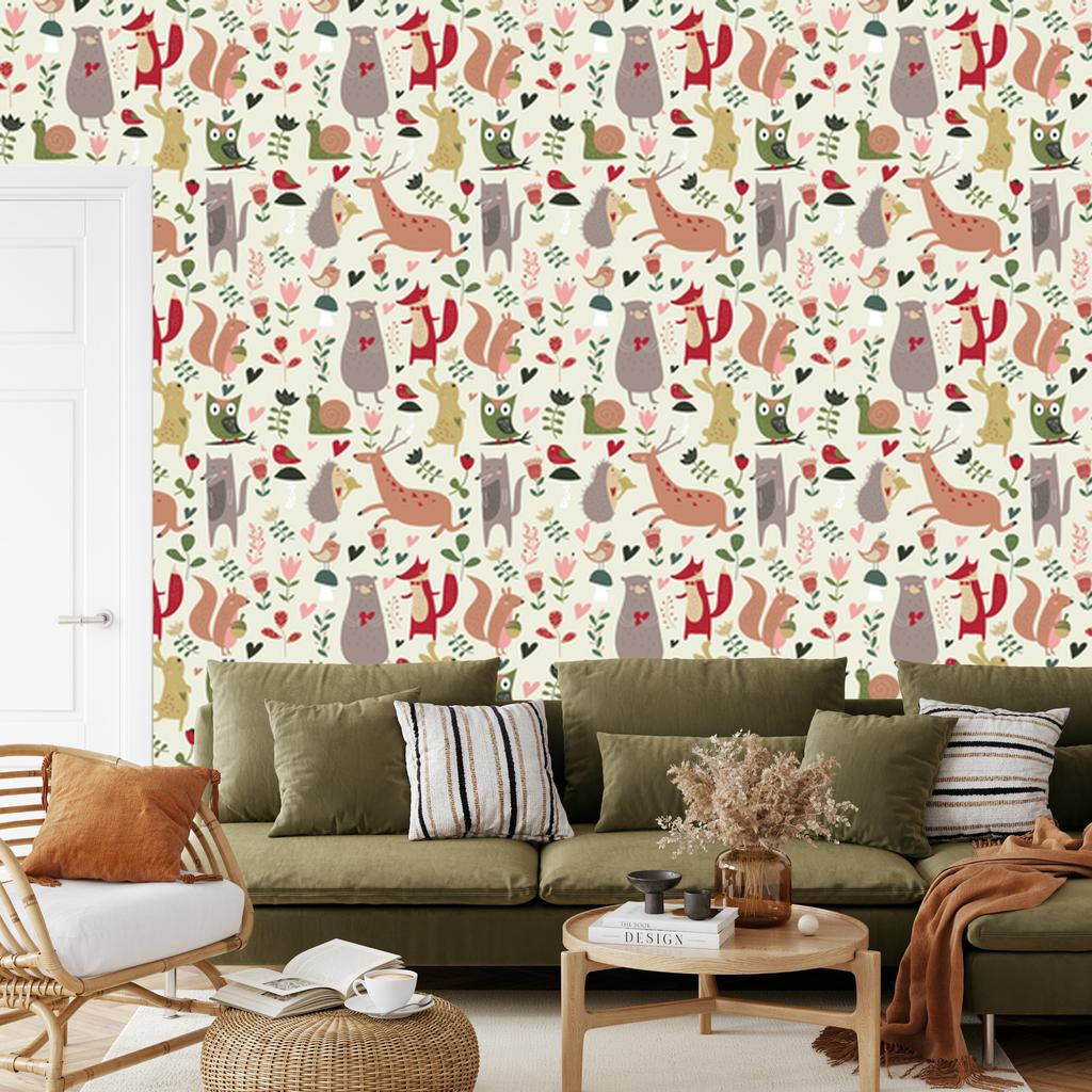 Forest animals and hearts wallpaper for living room and bedroom 50x1000
