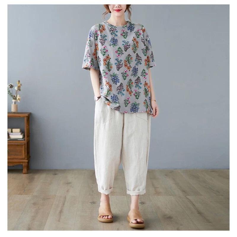 Damen Sommer Rundhals Kurzarm Blumenprint Lässig Locker Sitzendes T-Shirt Mehrfarbig