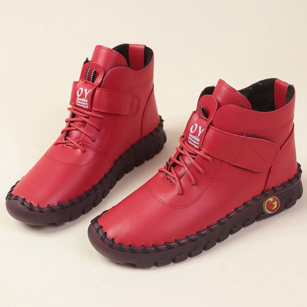 2024 Autumn/Winter Plus Size Women’s Leather Ankle Boots, Round Toe Flat Heel Velcro Style