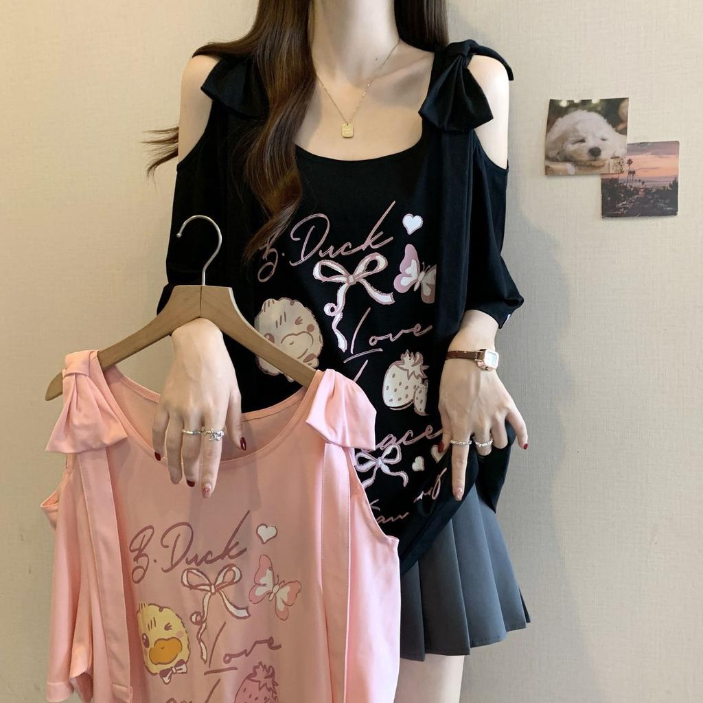 Large size bow off-the-shoulder splicing short-sleeved t-shirt women's summer new loose and versatile and thin meat-covering short top