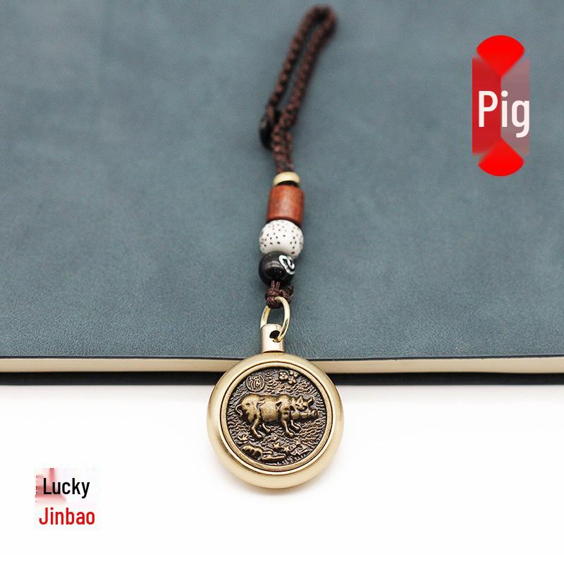 Rotating Brass Zodiac Signs Vermilion Gourd Keychain for Wealth & Treasures
