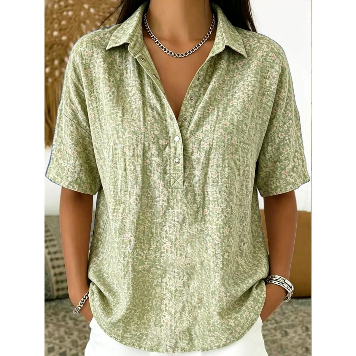 Women s Floral Printed Polo Collar Half Button Short Sleeve Casual Blouse Loose Fit Tunic Top S