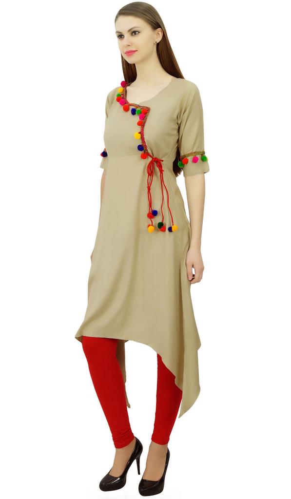 Phagun Angrakha Style Rayon Womens Tunic Kurta Pom-Pom Designer Kurti Top Indian