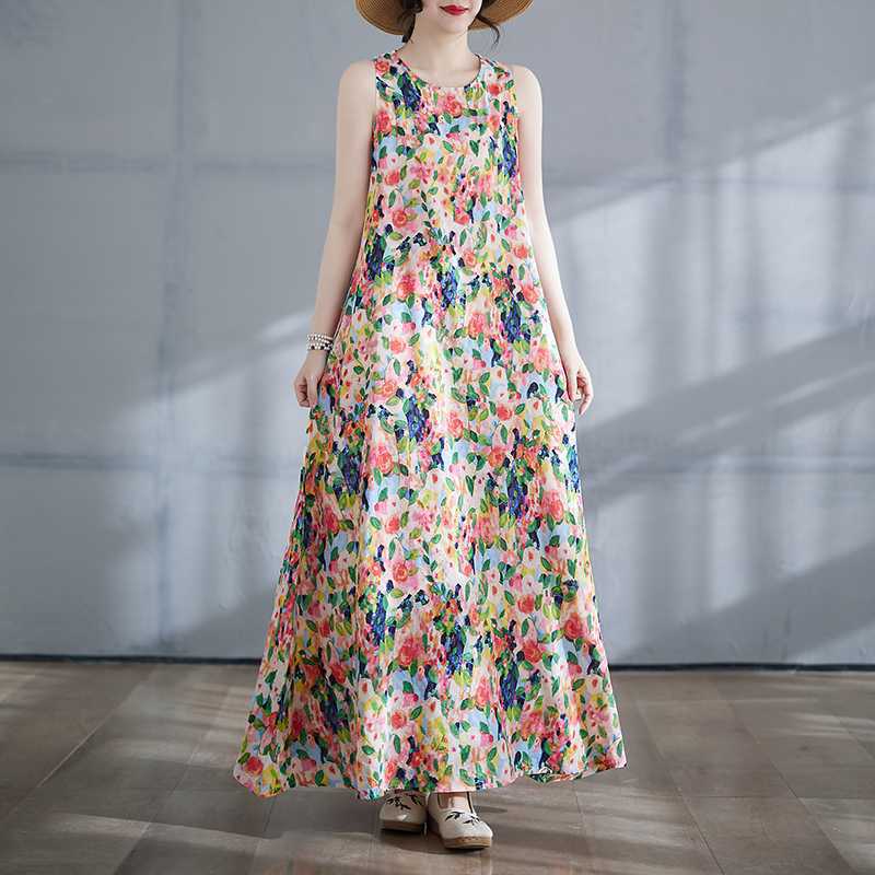 Long Skirt Summer New Round Neck Printed Dress