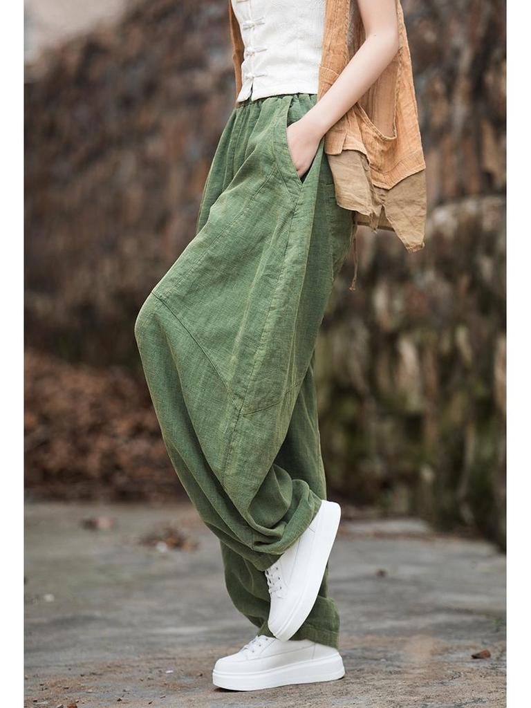 Damen Frühling Baumwolle-Leinen Locker Geschnitten Ramie Laternenhose