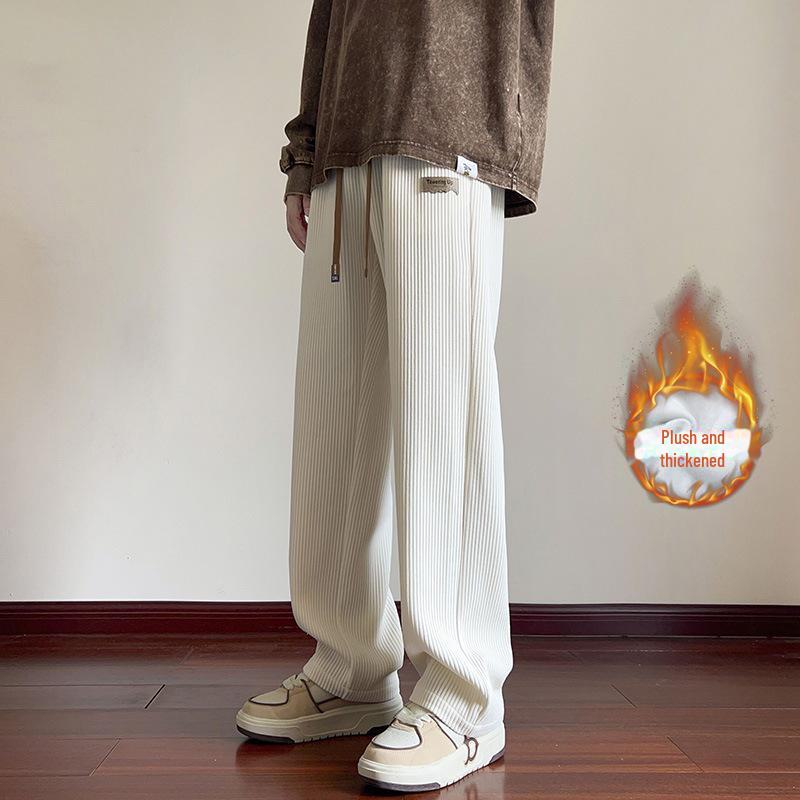 Khaki Velvet-Lined Corduroy Sweatpants for Boys - Oversized Wide-Leg Winter Trousers, American Style