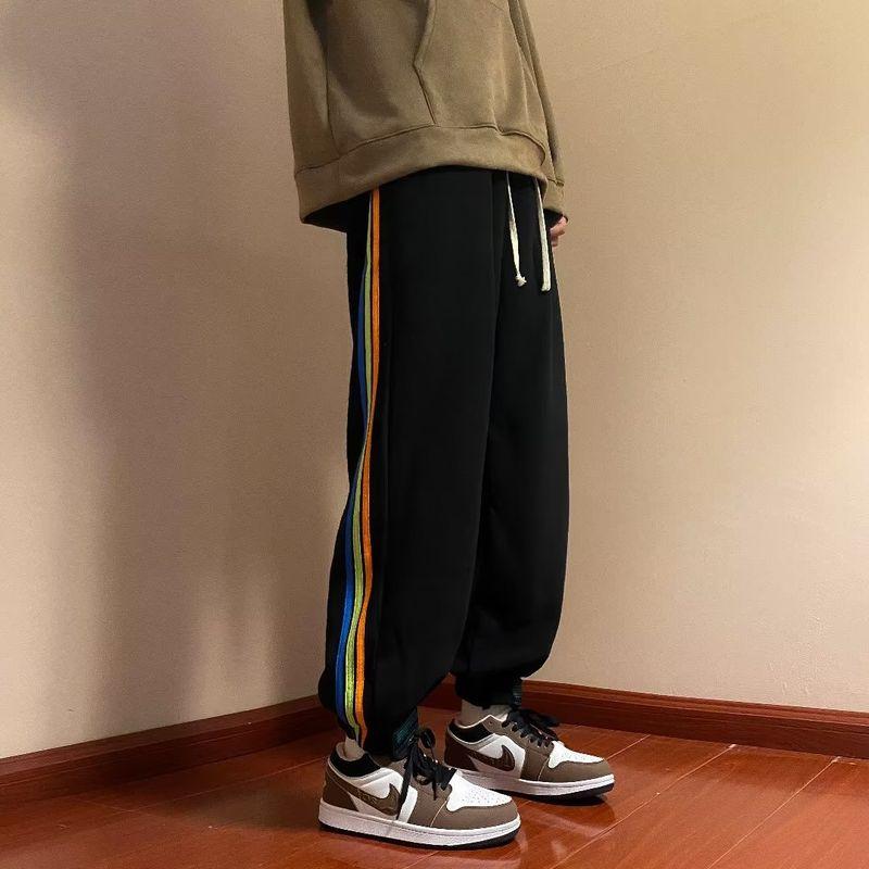 Rainbow-Striped Side Sweatpants Spring and Autumn Side Rainbow Bar Elastic Waist Patchwork Sweatpants