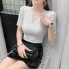 Camiseta de Mujer con Escote en V y Mangas Cortas de Base de Encaje Nuevas Mangas Abullonadas Pantalones Ajustados Sexy Tops