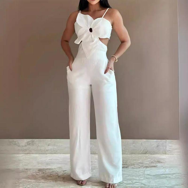 

Sling Jumpsuit Women Trousers Pants Three-Dimensional Flower Design Sling One-Piece Pants White XL