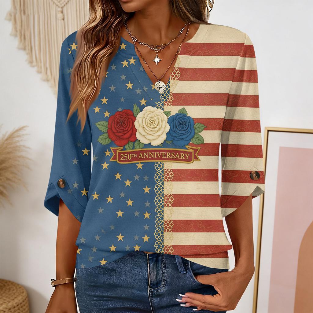 Women’s V Neck 3/4 Sleeve Casual Top with 250th Anniversary Butterfly Print Relaxed Fit Independence Day Shirt