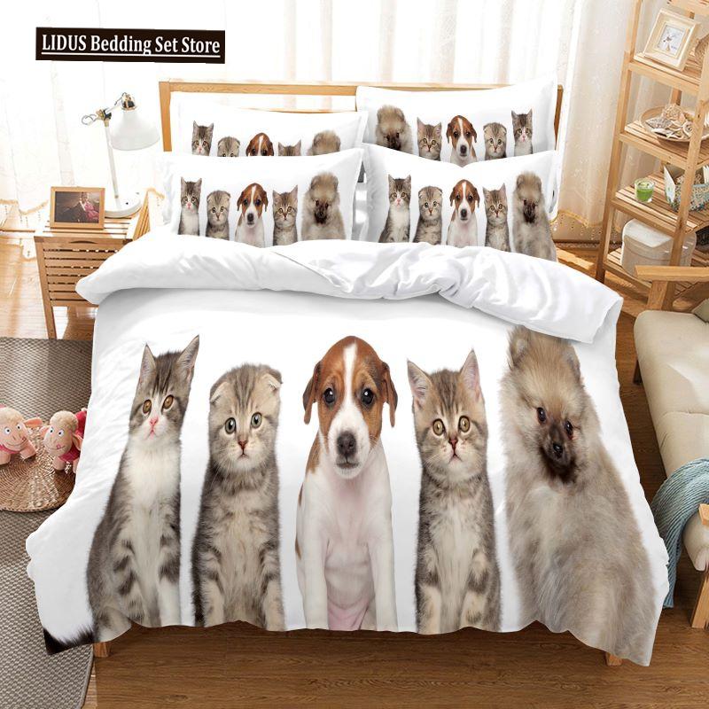 Cat And Dog Duvet Cover Set 3d Printing Cute Animal Theme Comforter Cover King Queen Size For Kid Boy Girl Polyester Bedding Set