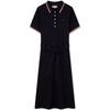 Elegant Casual Five-Button Waist-Tie Trimmed Fitted Polo Dress Women Dresses Navy-Blue WW0WW41777