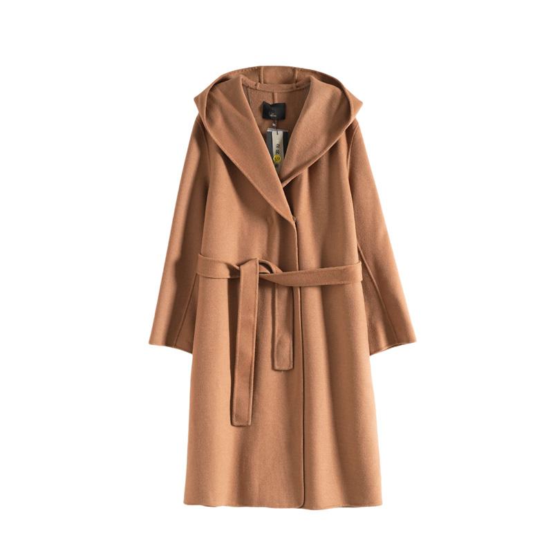 Maslan Autumn and Winter Fashion Versatile Long Hooded Solid Color Sheep Wool Versatile Woolen Coat Jacket
