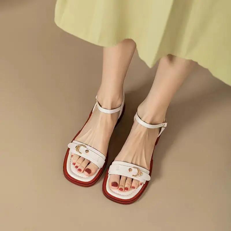 Fashion 2025 Summer Women Sandals Fashion Leather Buckle Concise Office Low Heels Plus Size Ladies Casual Outdoor Shoes