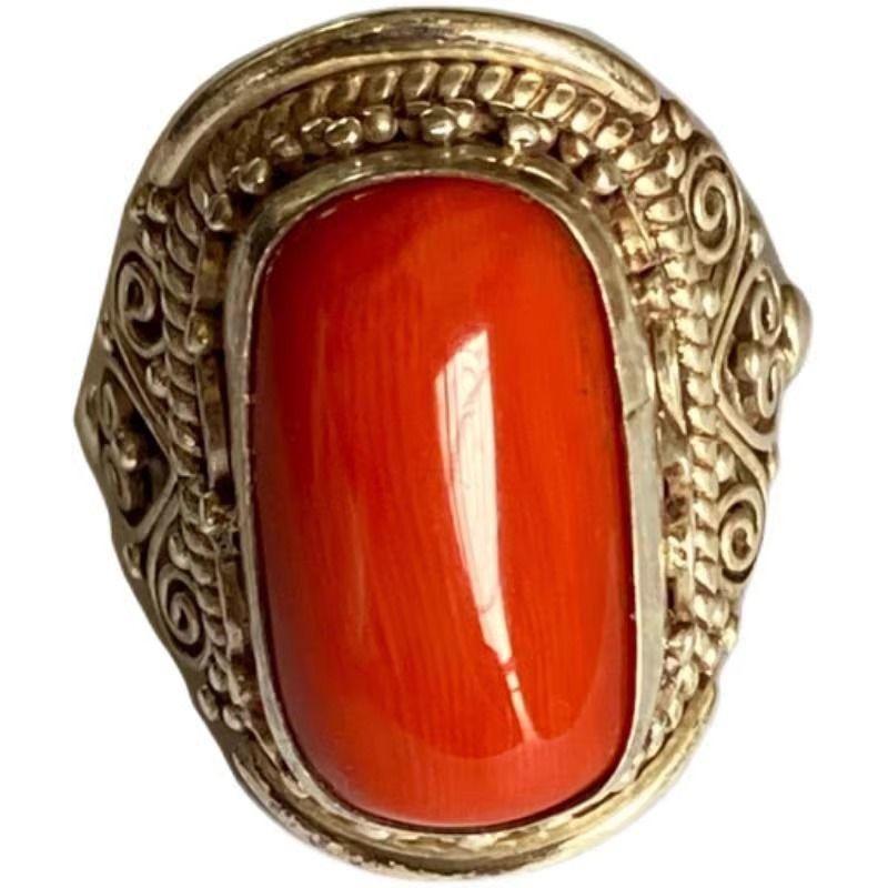 Xizang Mongolian Ethnic Element Simulation Coral Ring Women's Ring Open Index Finger Ring Men's Retro Simulation Gemstone