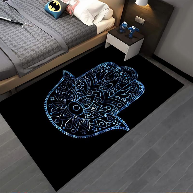 Mandala Hamsa Hand Carpet, Black and Blue Bohemian Living Room Rug Suitable for use as an anti-slip for living room bedroom sofas