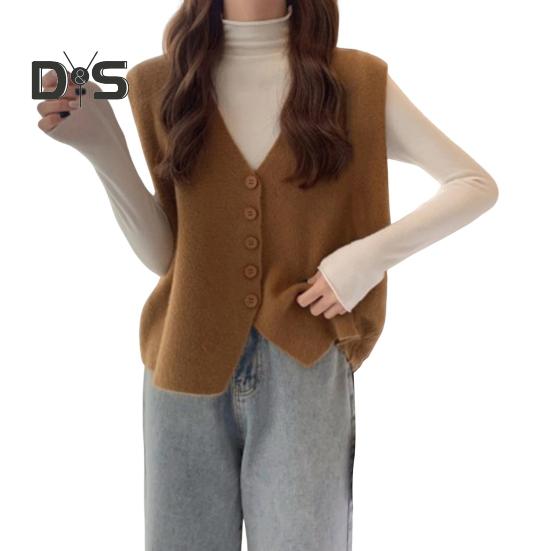 Jesień Zima Damska Kamizelka Dekolt w Serek Zapinana Na Guziki Jednolity Kolor Luźna Dzianina Gruba Utrzymuje Ciepło Bez Rękawów Luźny Sweter Top