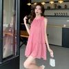 Gentle wind pink neck dress women's summer seaside vacation beach dress super beautiful printed pendulum short skirt