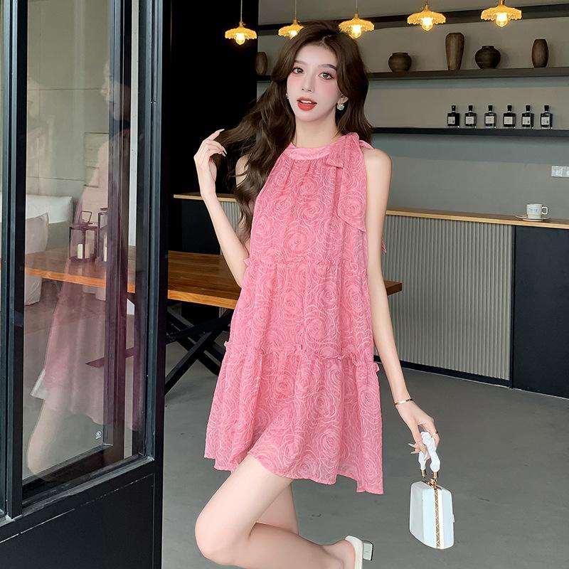 

Gentle wind pink neck dress women s summer seaside vacation beach dress super beautiful printed pendulum short skirt 2XL рожевий