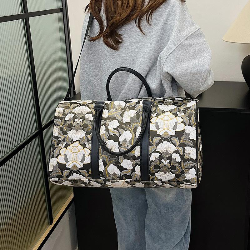 Women's National Style Fitness Bag Flower Design Large Capacity Portable Travel Bag Household Clothing Storage Luggage Bag