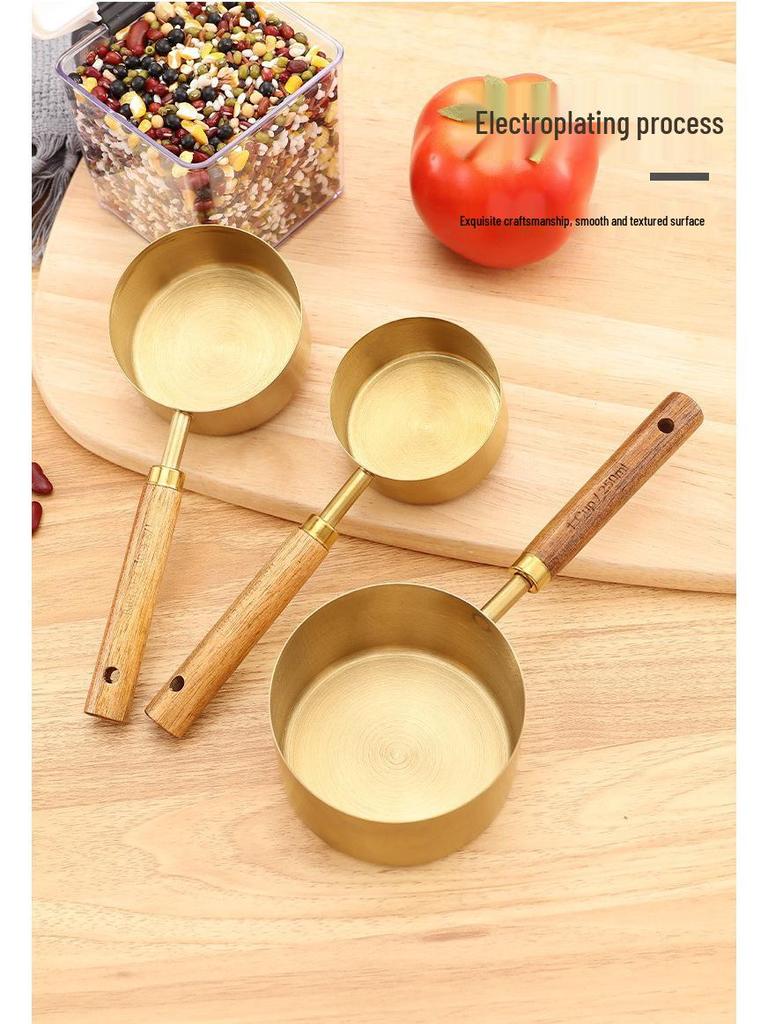 Gold Stainless Steel Measuring Cups & Spoons Set with Acacia Wood Handles - 8-Piece Baking Tool Set