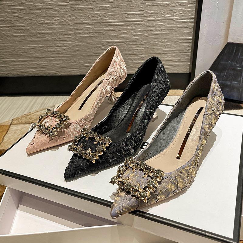 H618-21 High Heels Women's Thin Heels Spring and Autumn New Banquet Sexy Temperament Rhinestone Shallow Mouth Pointed Work