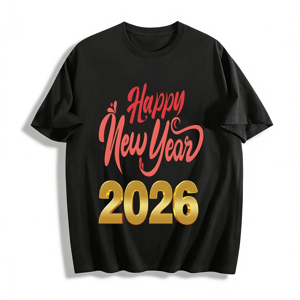 

Happy New Year 2026 Printed Casual Unisex Crewneck Top Pure cotton T-shirt XXS
